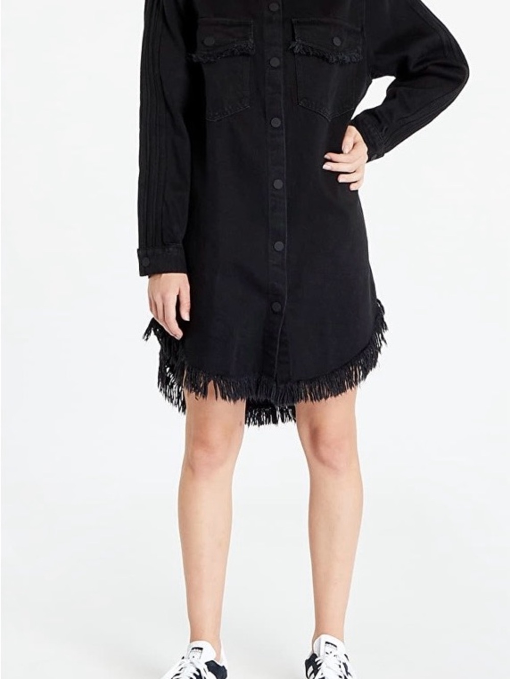 Adidas x KSENIASCHNAIDER Black Denim Fringe Shirt Dress Snap Front XL - Picture 2 of 10